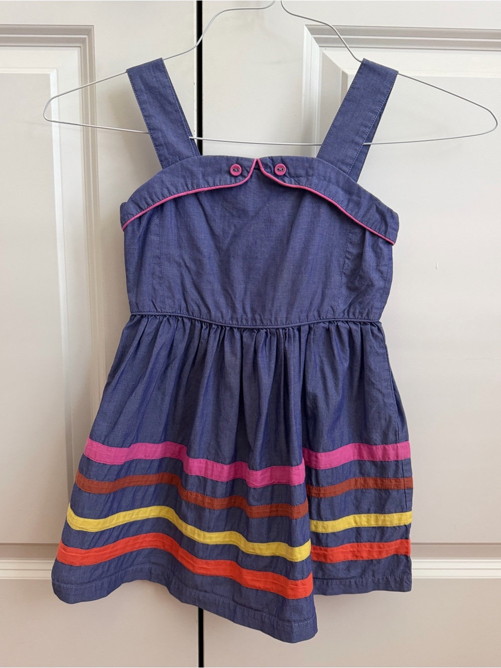 Mini Boden Blue Dress with Bright Striped Hem